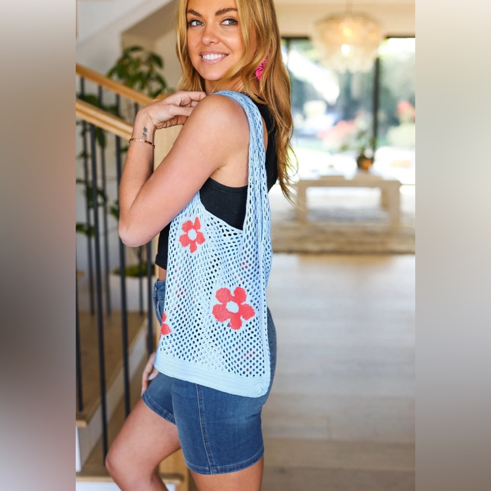 BOHO SKY BLUE FLORAL CROCHET TOTE BAG